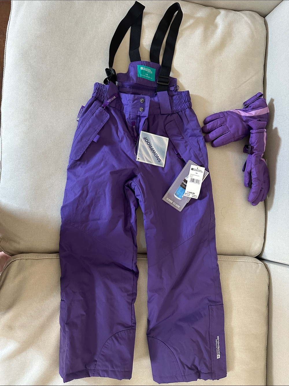Kids Purple Snowproof Ski Pants with Adjustable Suspenders